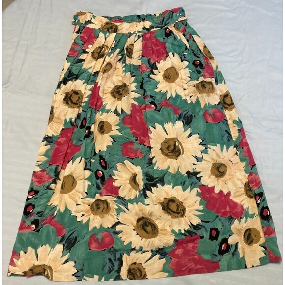 90s Petite Sophisticate Skirt Vintage All Over Print Sunflower Floral Boho Midi - Picture 1 of 7